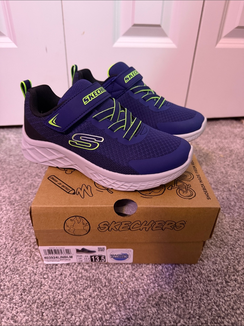 NIB Skechers Microspec II Zovrix Kids' Navy/Blk/Lime Slip-On Sneakers Size 13.5